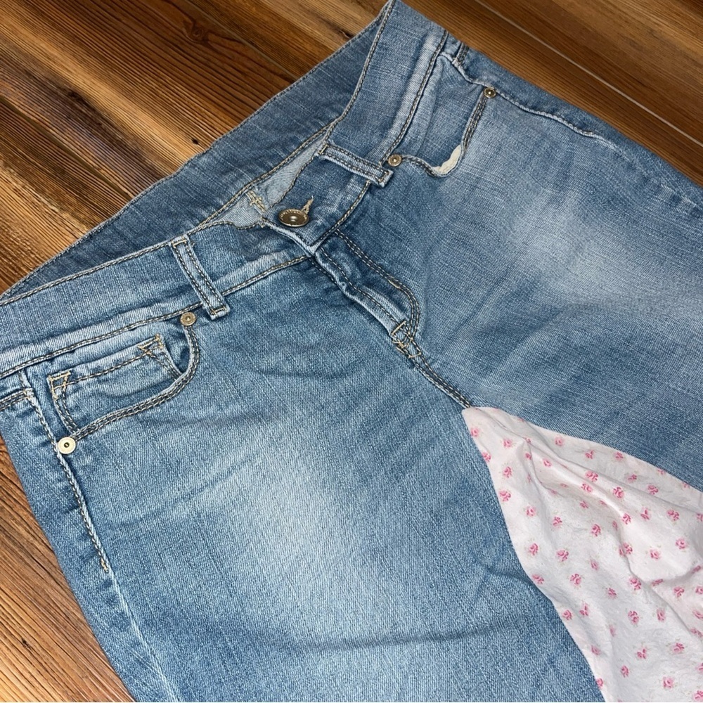 Upcycled United Colors Of Benetton Denim Skirt Pink Floral Fabric 30in Waist - Picture 6 of 13